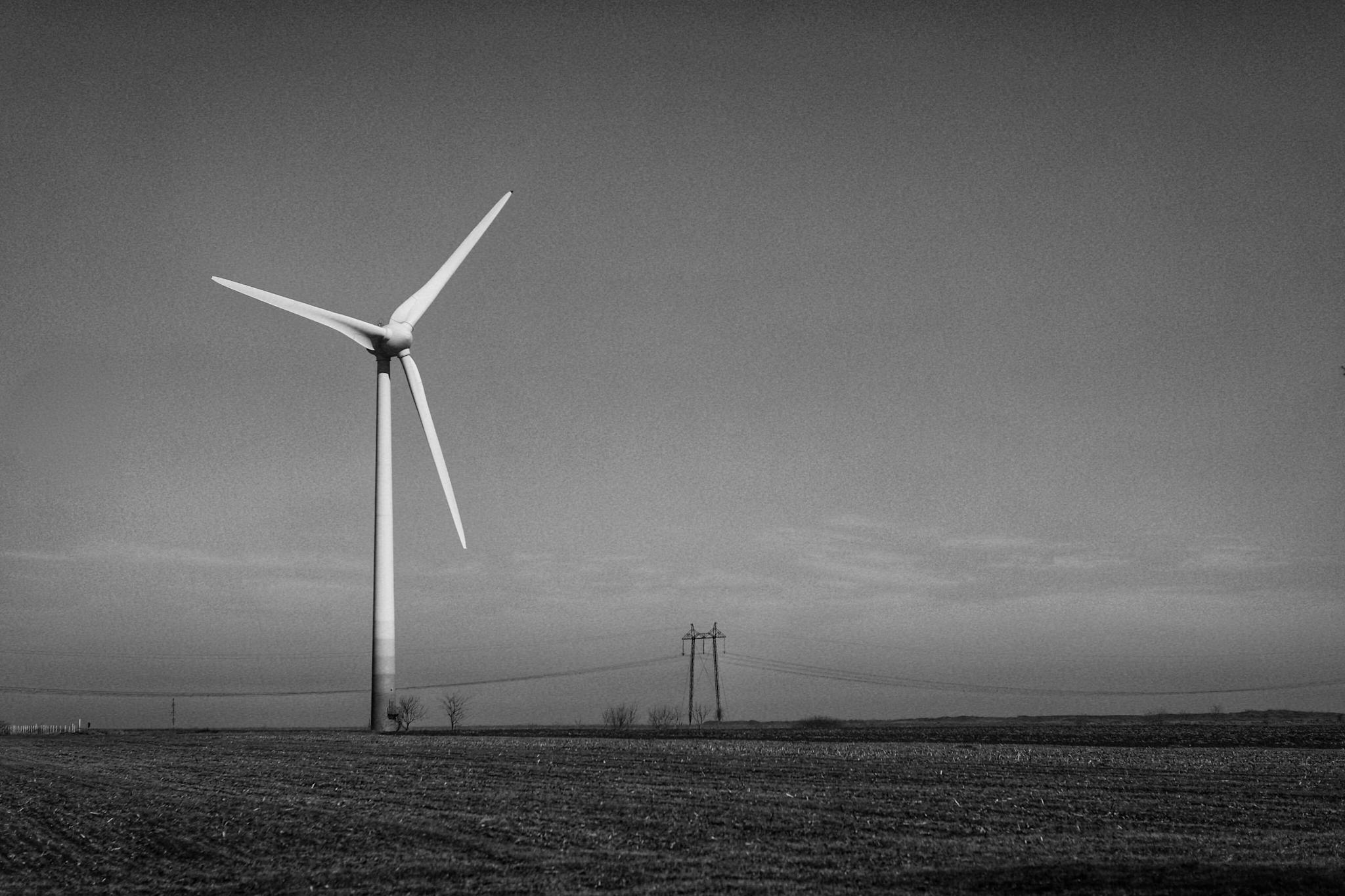 Monochrome image of a wind turbine in an open field under a vast sky.